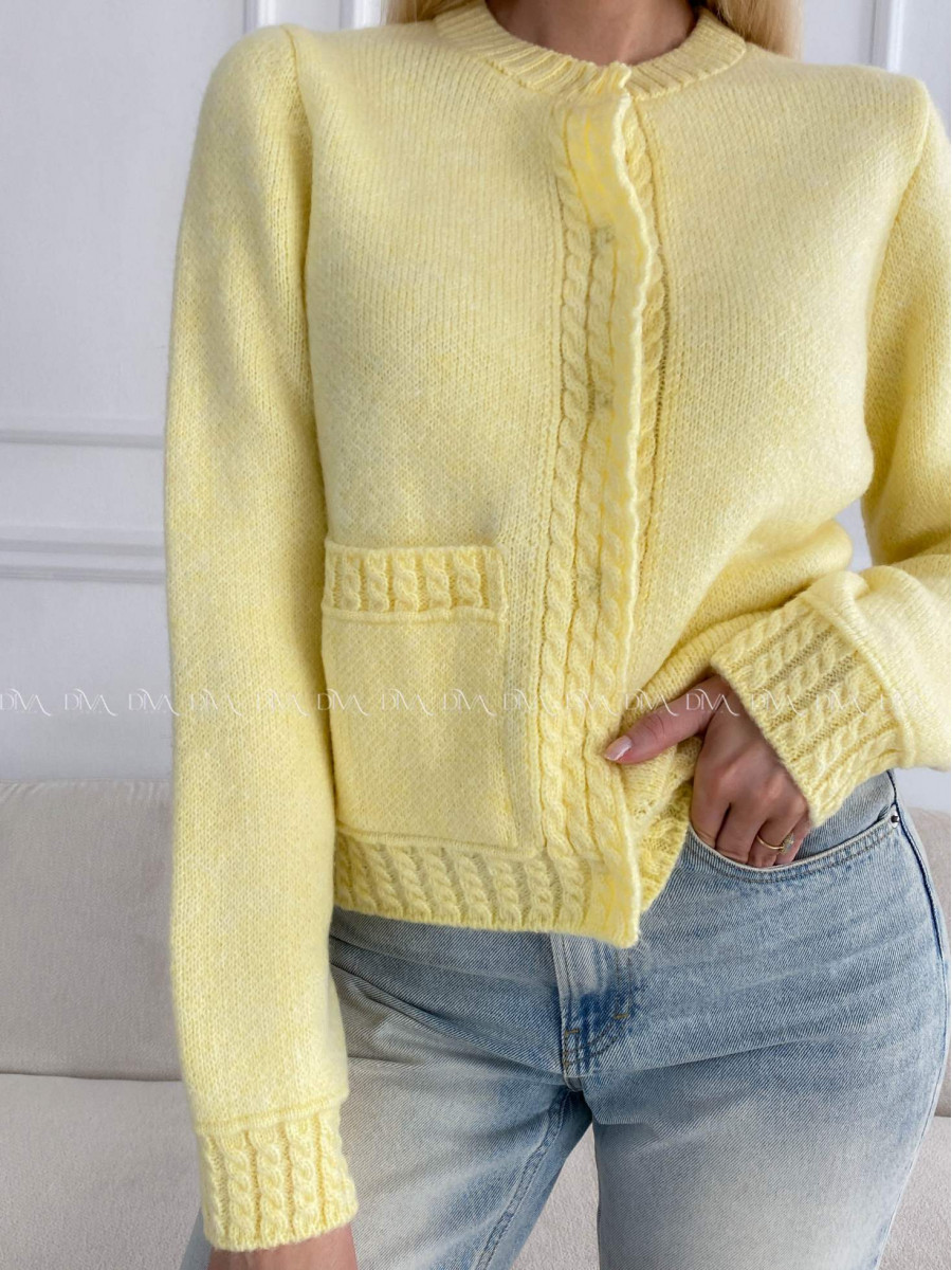 Mäkký kardigan s vrkočovým vzorom žltý B 11