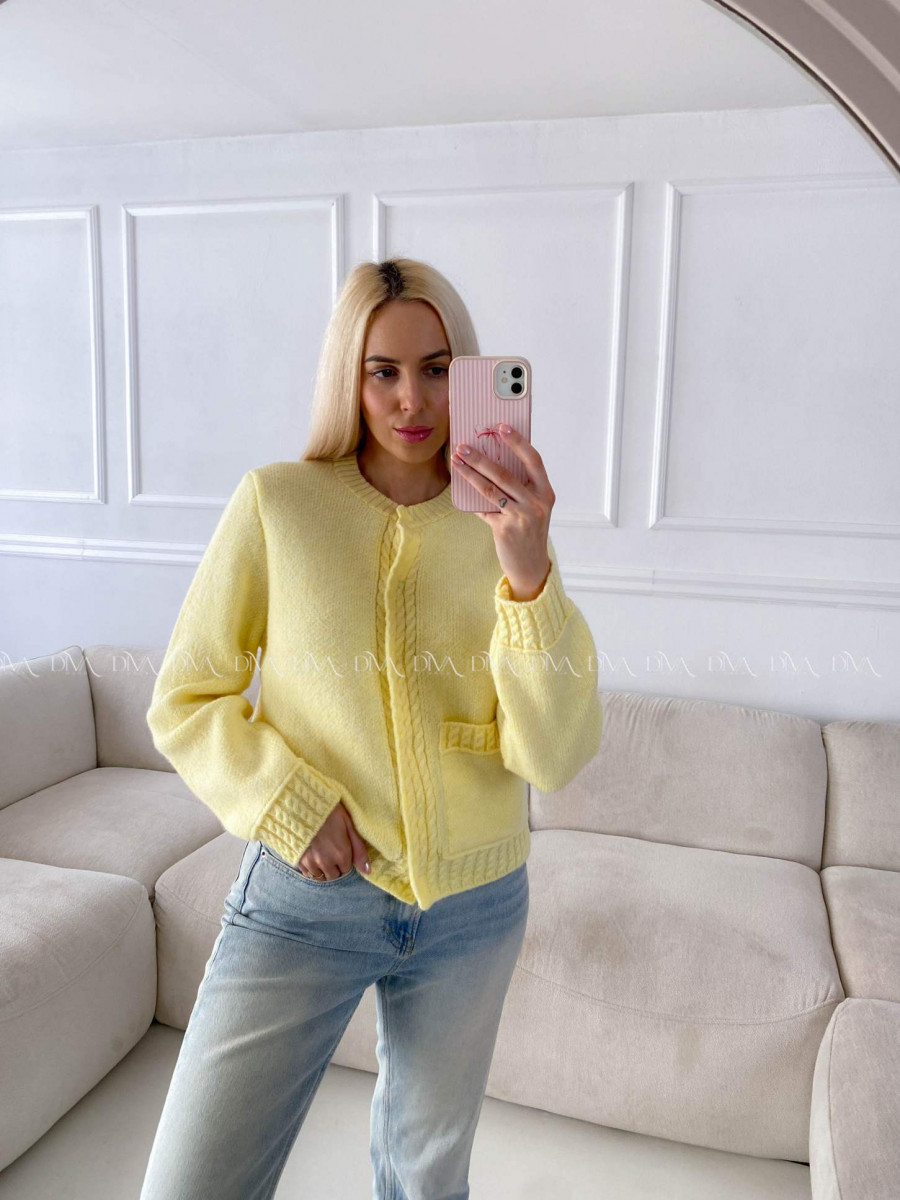 Mäkký kardigan s vrkočovým vzorom žltý B 11