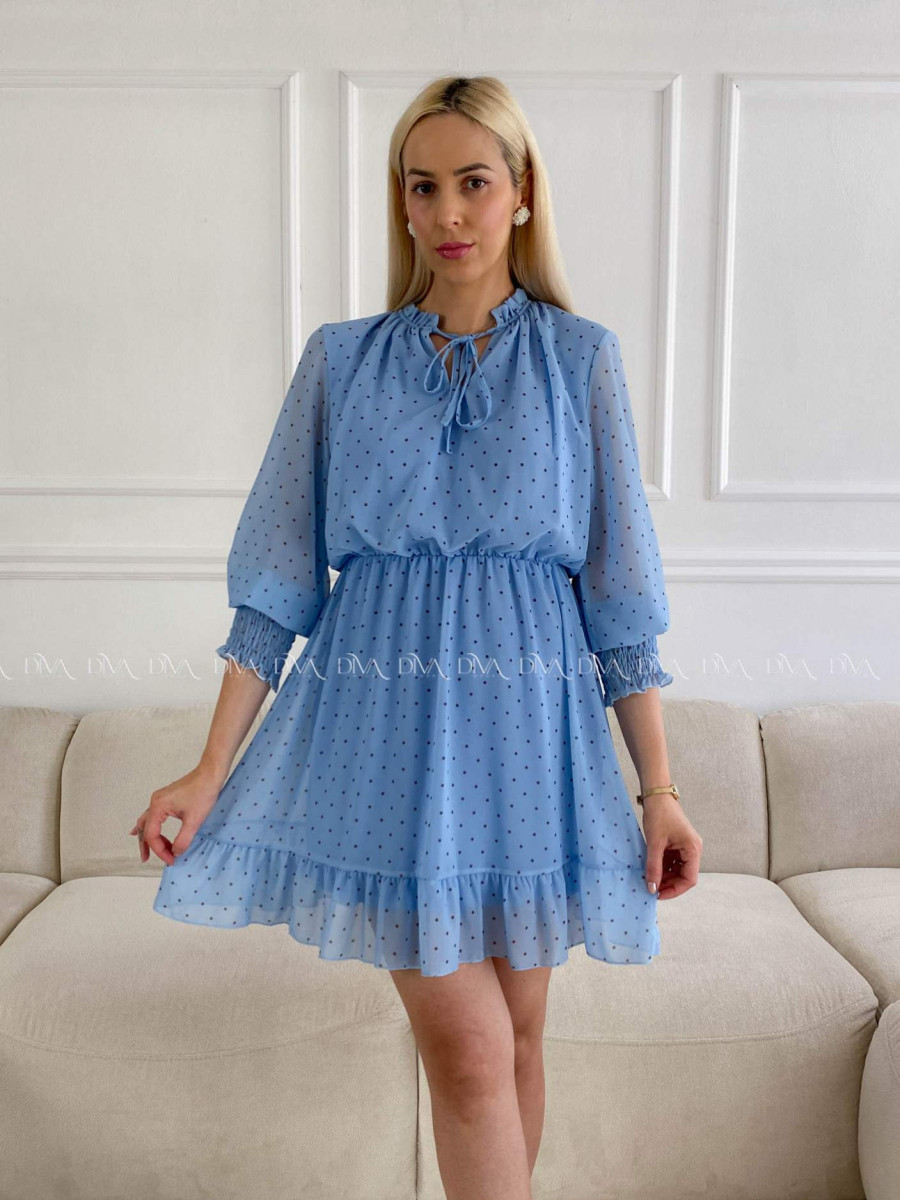Krátke bodkované šaty s viazaním modré A 216