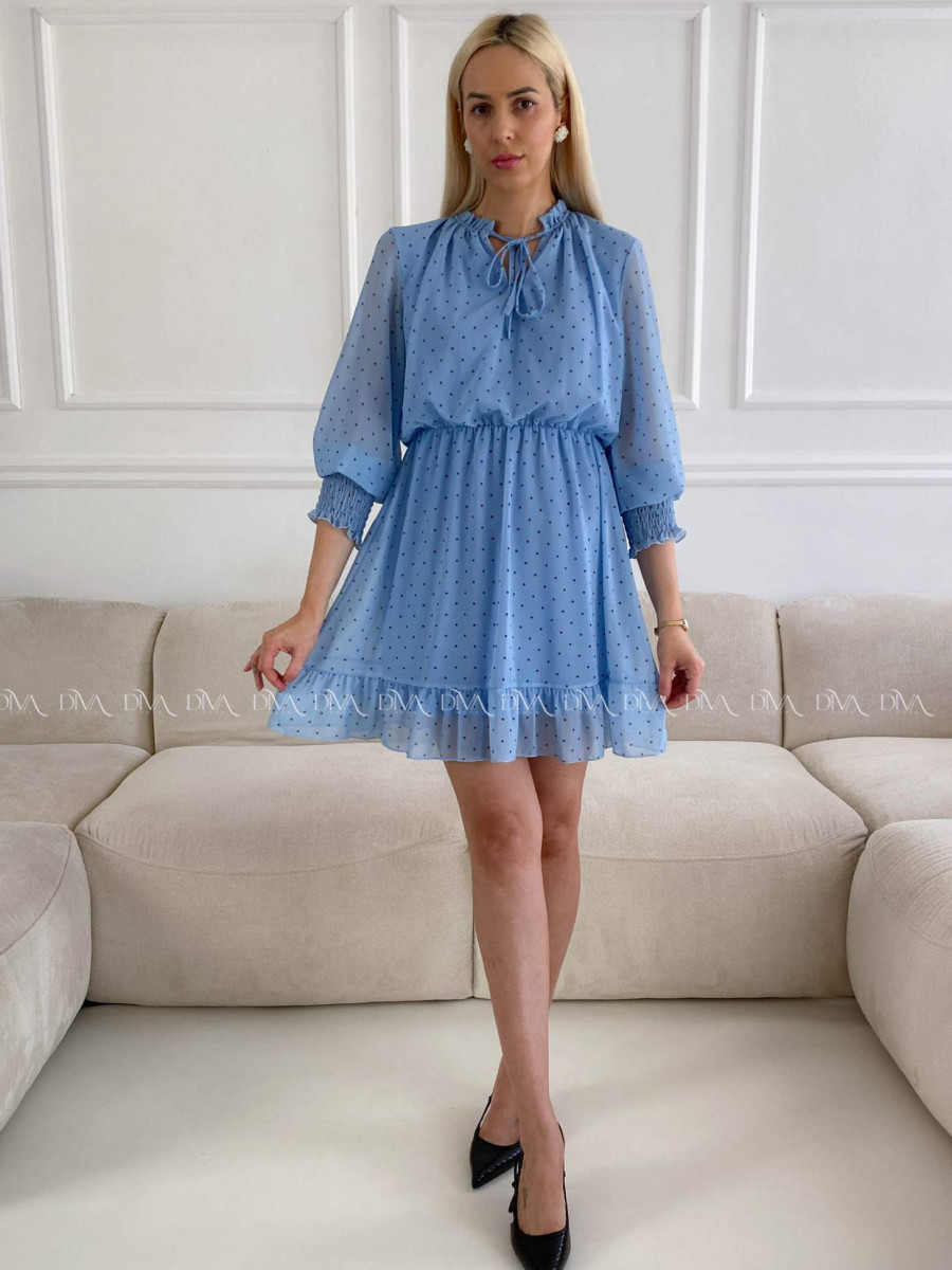 Krátke bodkované šaty s viazaním modré A 216