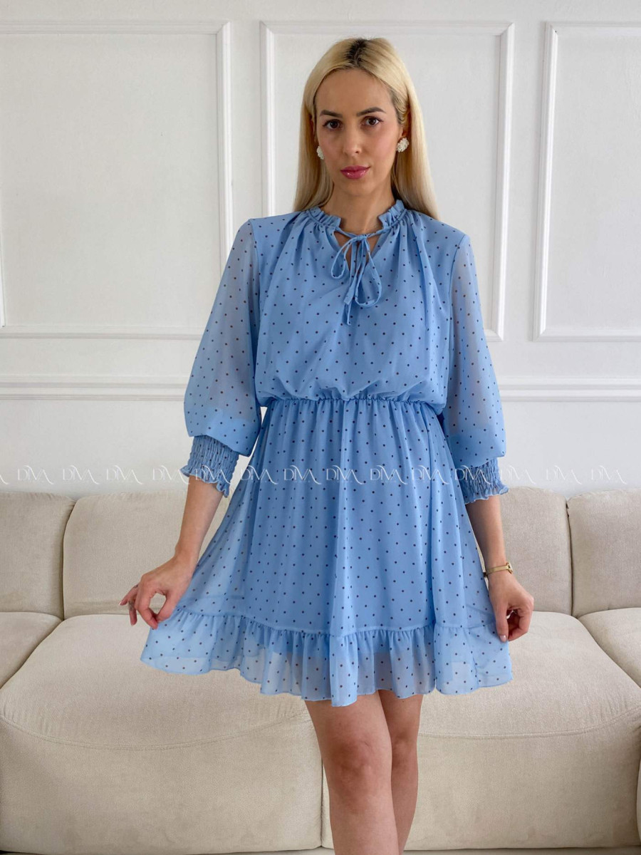 Krátke bodkované šaty s viazaním modré A 216