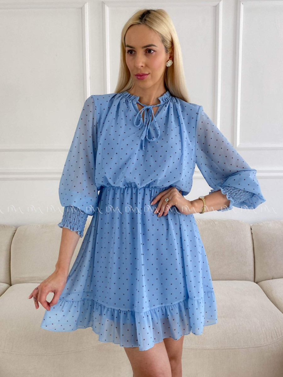 Krátke bodkované šaty s viazaním modré A 216