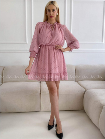 Krátke bodkované šaty s viazaním ružové A 216
