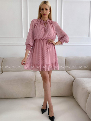 Krátke bodkované šaty s viazaním ružové A 216