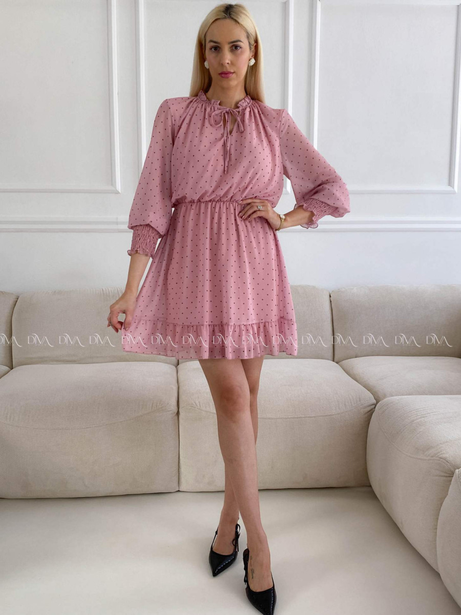 Krátke bodkované šaty s viazaním ružové A 216