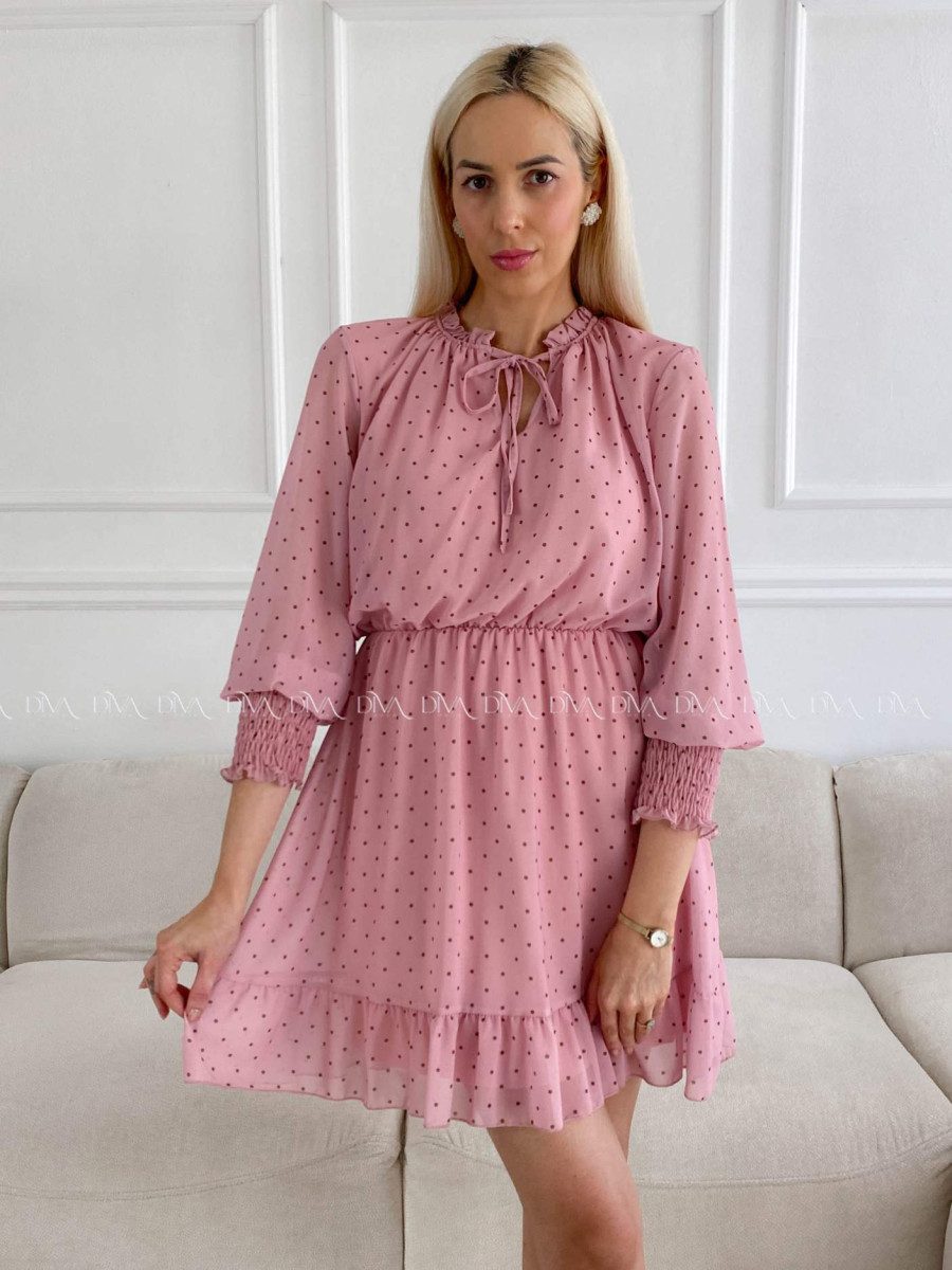 Krátke bodkované šaty s viazaním ružové A 216