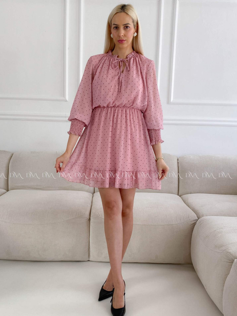 Krátke bodkované šaty s viazaním ružové A 216