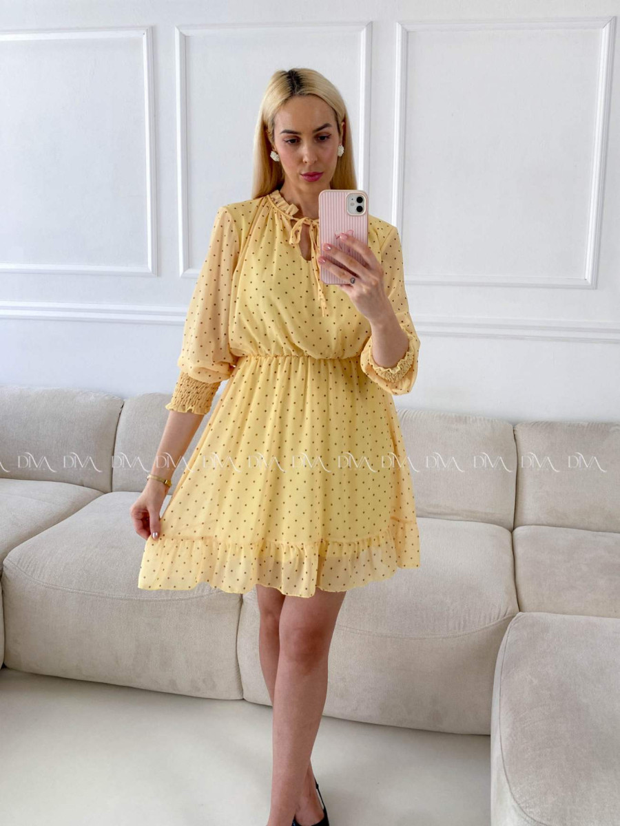 Krátke bodkované šaty s viazaním žlté A 216