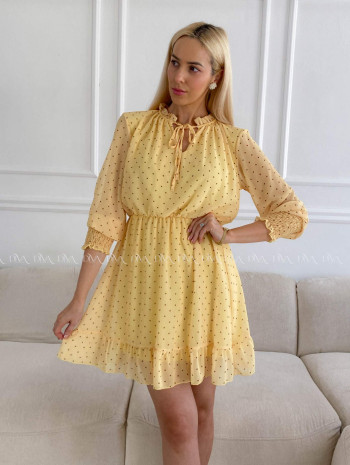 Krátke bodkované šaty s viazaním žlté A 216