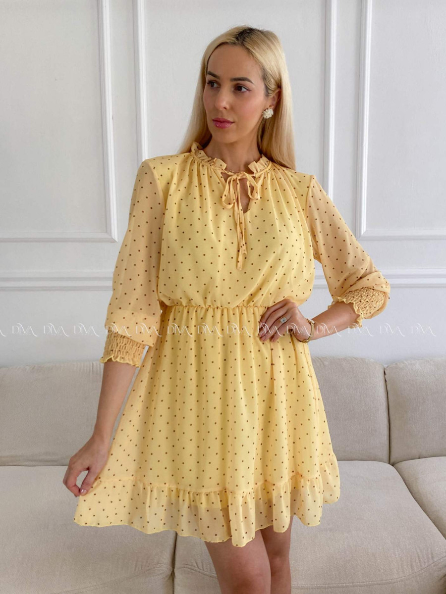 Krátke bodkované šaty s viazaním žlté A 216