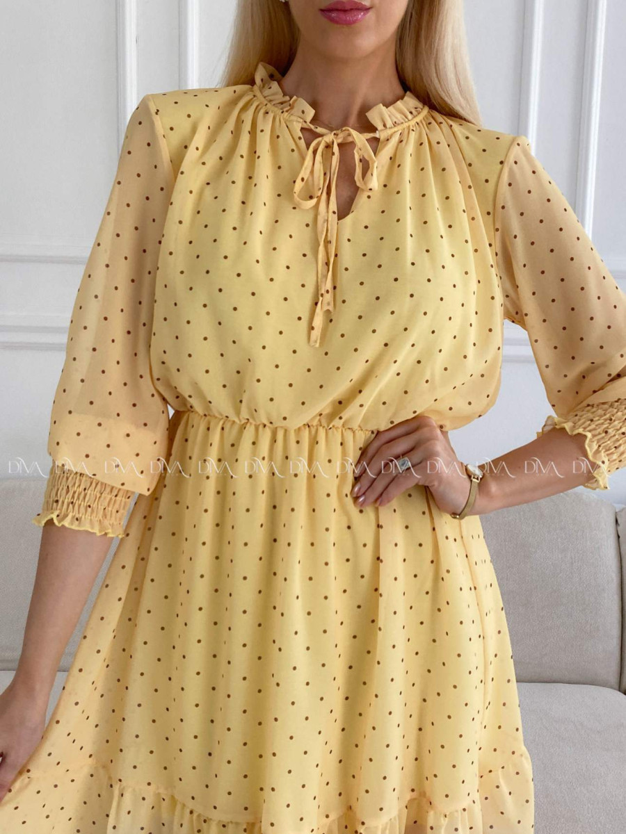 Krátke bodkované šaty s viazaním žlté A 216