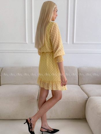Krátke bodkované šaty s viazaním žlté A 216
