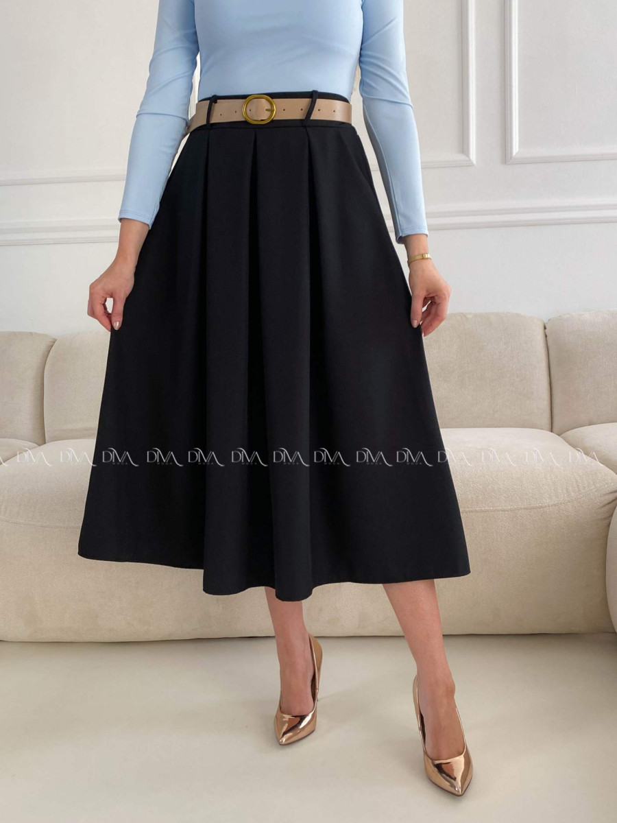 Tulipánová midi sukňa s opaskom čierna A 84