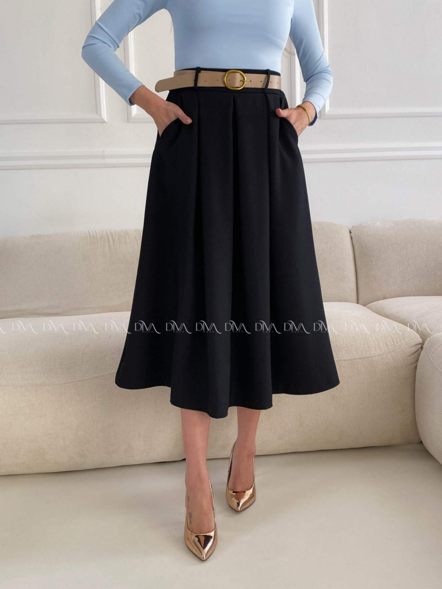 Tulipánová midi sukňa s opaskom čierna A 84