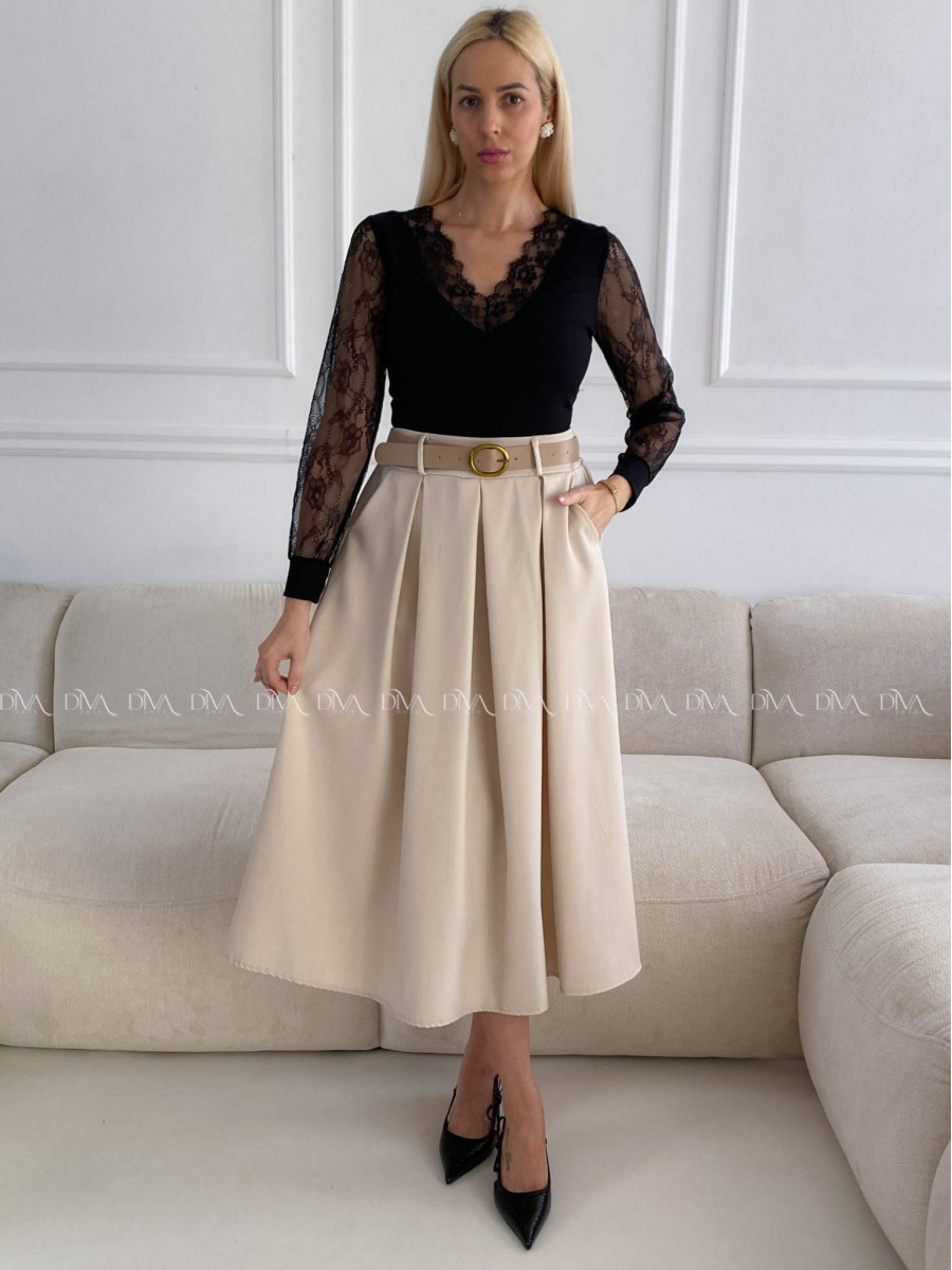 Tulipánová midi sukňa s opaskom béžová A 84