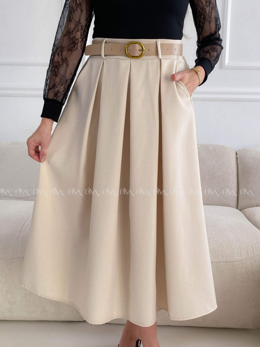 Tulipánová midi sukňa s opaskom béžová A 84