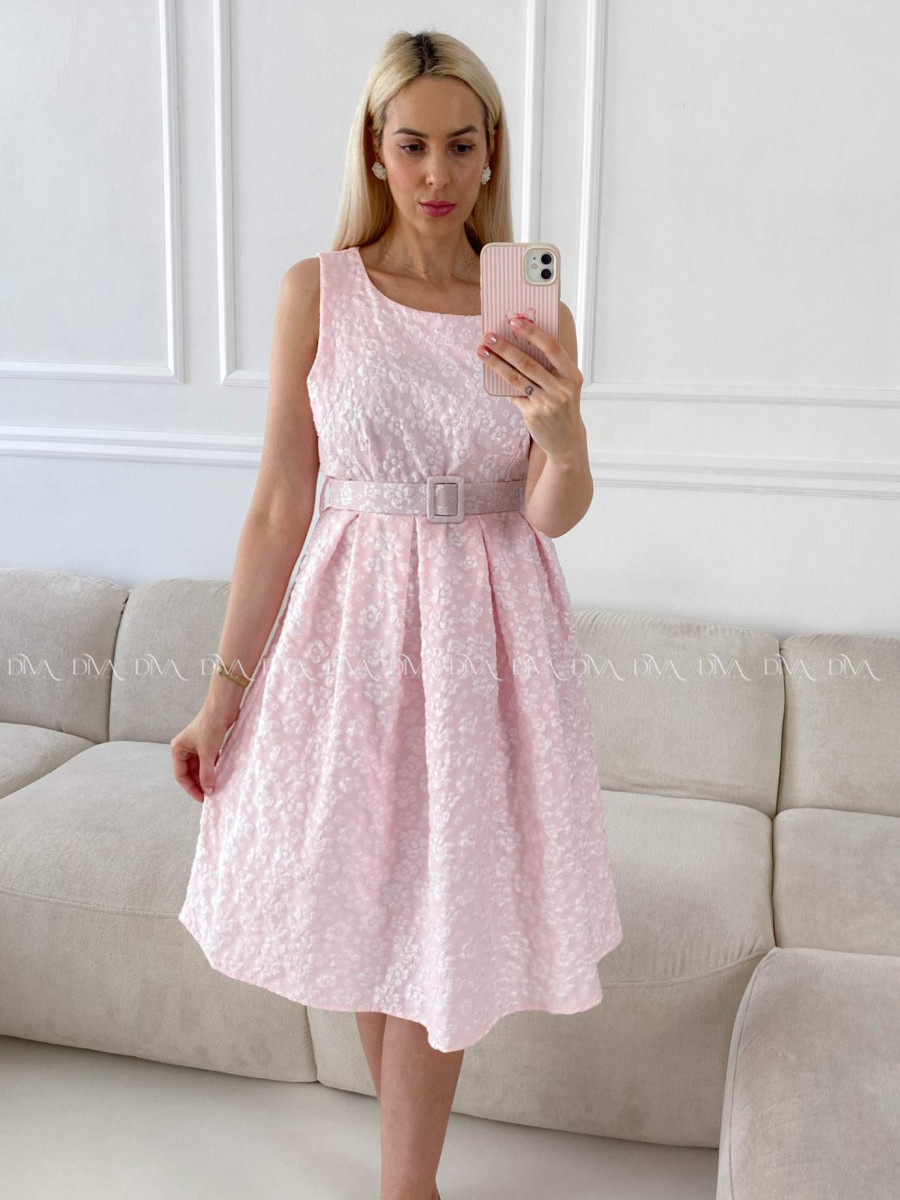 Elegantné midi šaty s 3D kvetmi ružové A 212