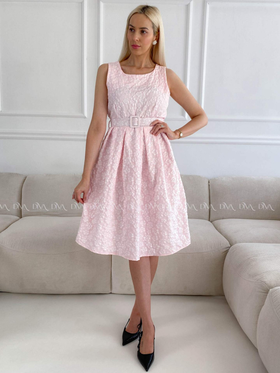 Elegantné midi šaty s 3D kvetmi ružové A 212