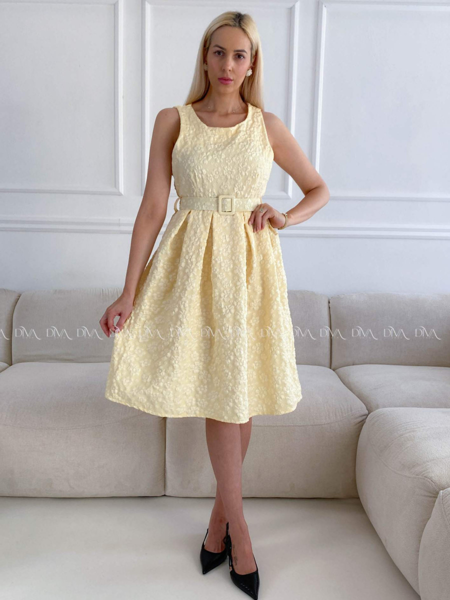Elegantné midi šaty s 3D kvetmi žlté A 212