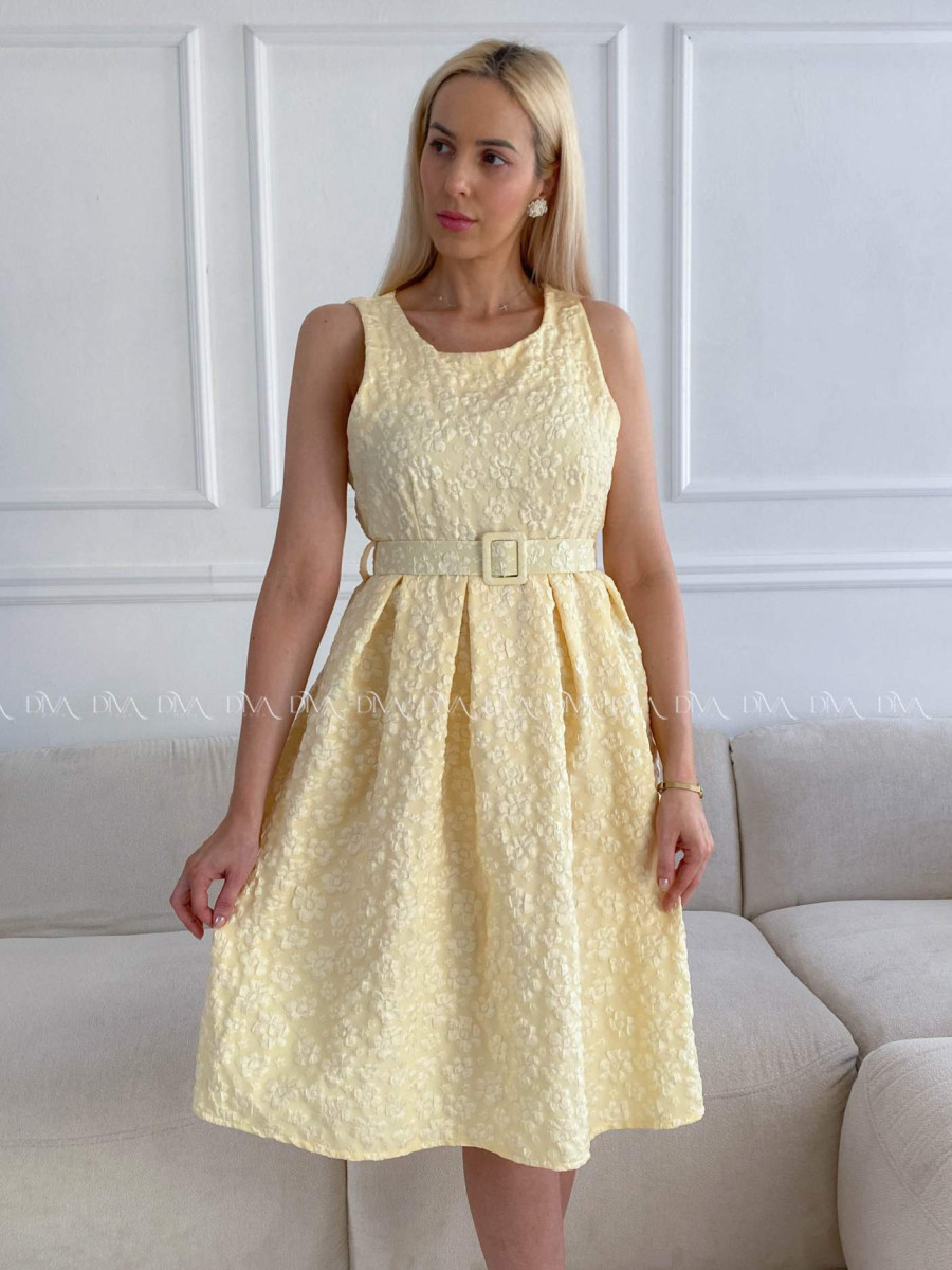 Elegantné midi šaty s 3D kvetmi žlté A 212