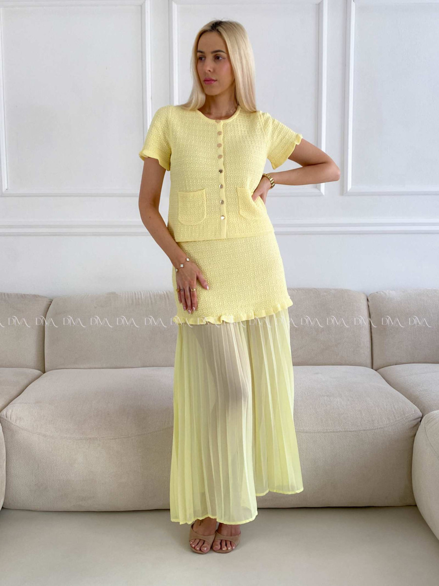 Úpletový elegantný komplet s plisom žltý A 224