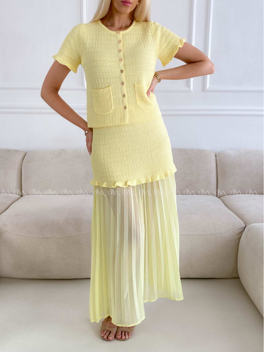 Úpletový elegantný komplet s plisom žltý A 224