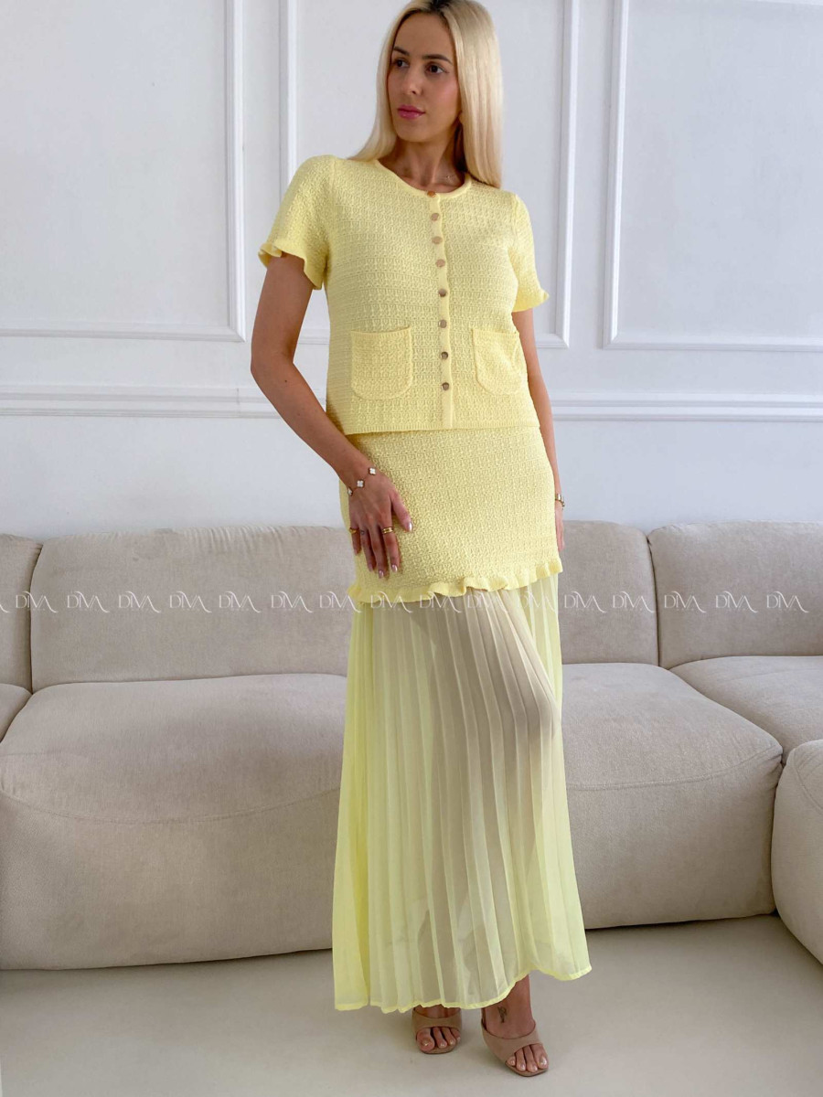 Úpletový elegantný komplet s plisom žltý A 224