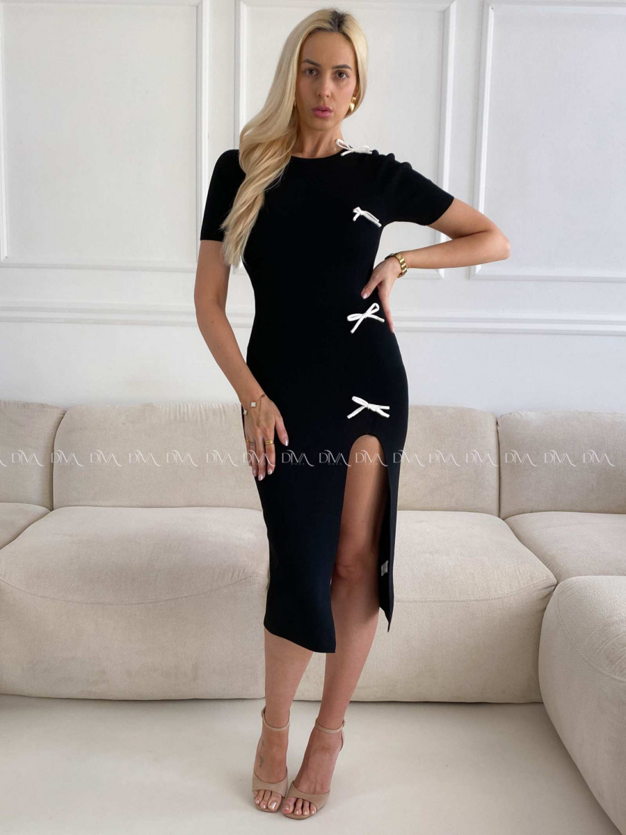 Úpletové midi šaty s 3D mašličkami čierne A 231