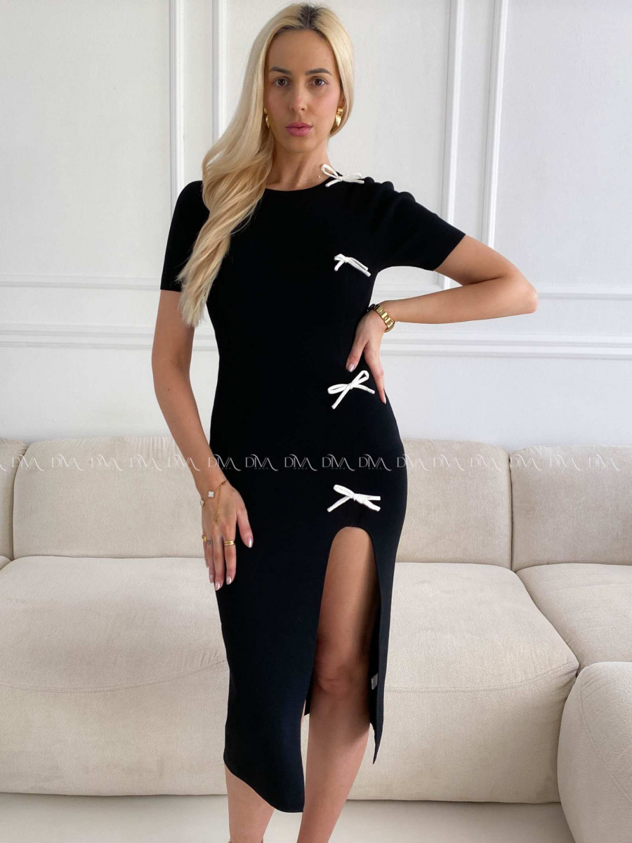 Úpletové midi šaty s 3D mašličkami čierne A 231