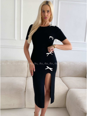 Úpletové midi šaty s 3D mašličkami čierne A 231