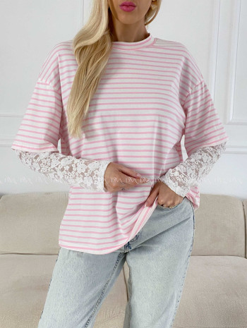 Bavlnené pruhované tričko s krajkou ružové AB 1