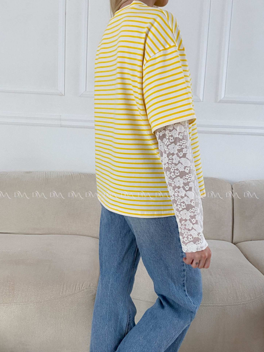 Bavlnené pruhované tričko s krajkou žlté AB 1