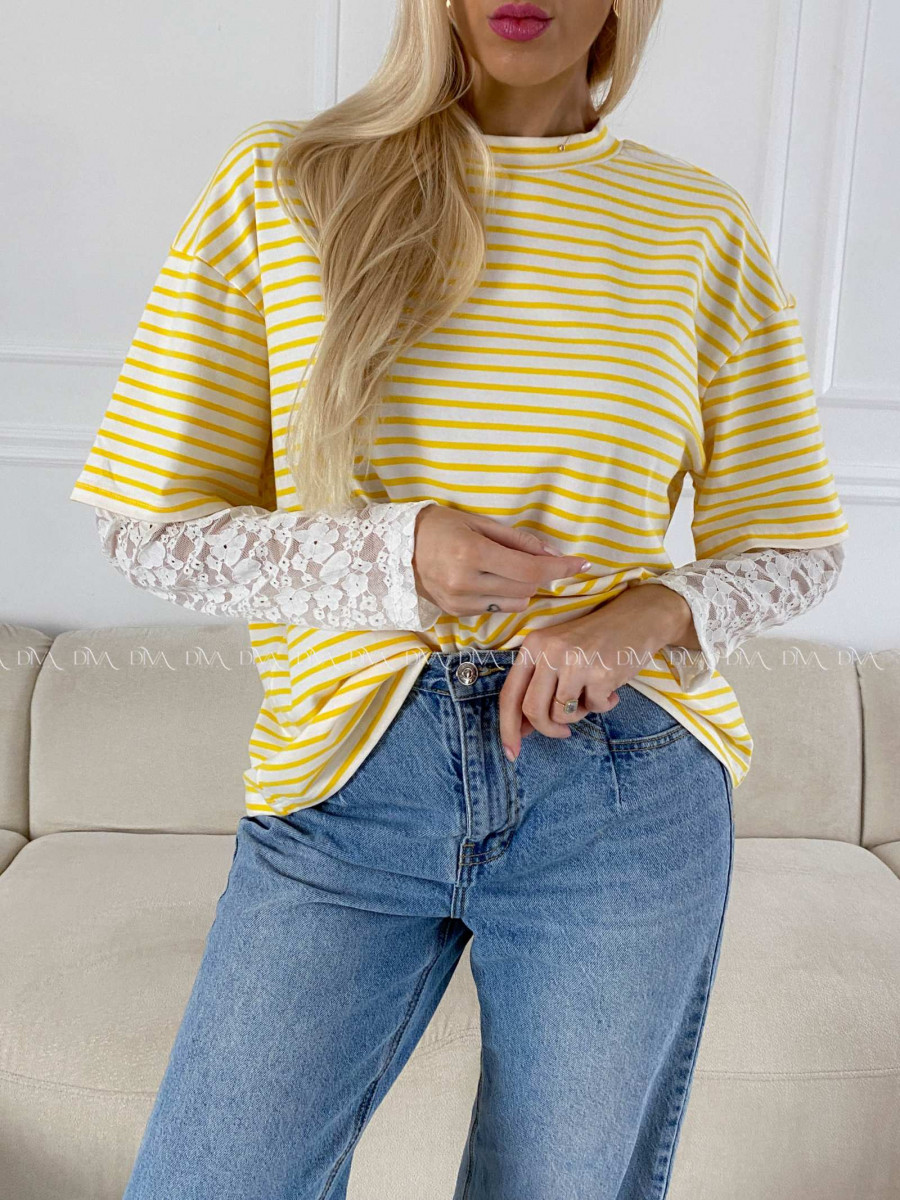 Bavlnené pruhované tričko s krajkou žlté AB 1