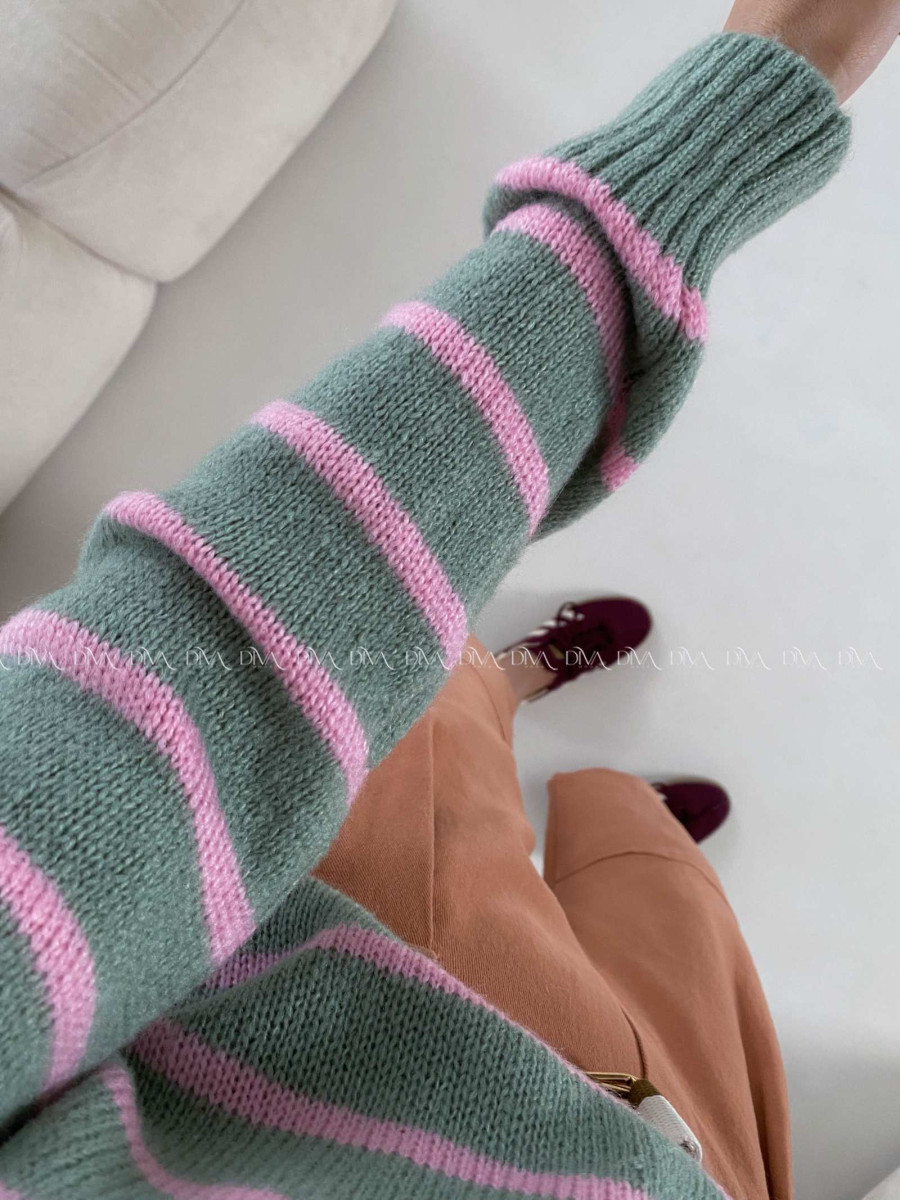 Pruhovaný sveter s límcom khaki-ružový AB 9