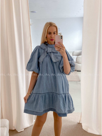 Riflové šaty s mašľou modré AB 28
