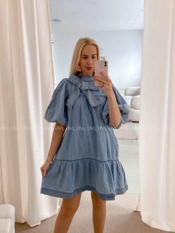 Riflové šaty s mašľou modré AB 28