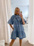 Riflové šaty s mašľou modré AB 28