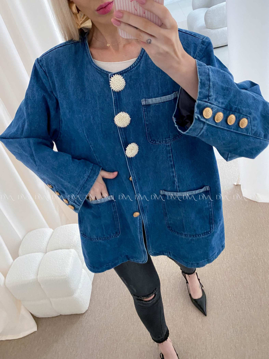 Oversize riflová bunda so zdobenými gombíkmi modrá AB 30
