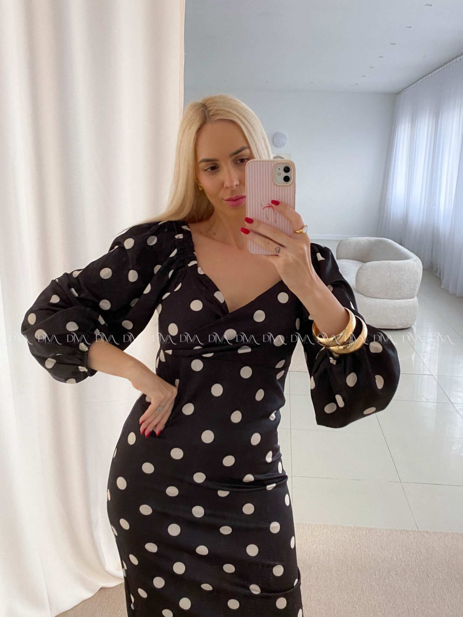 Bodkované púzdrové midi šaty čierne AB 44