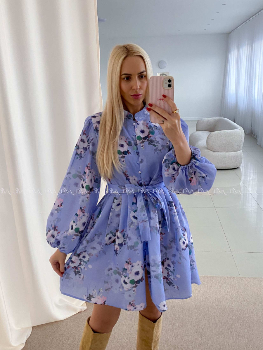 Bavlnené kvetované šaty Leila s prímesou ľanu modré AB 47