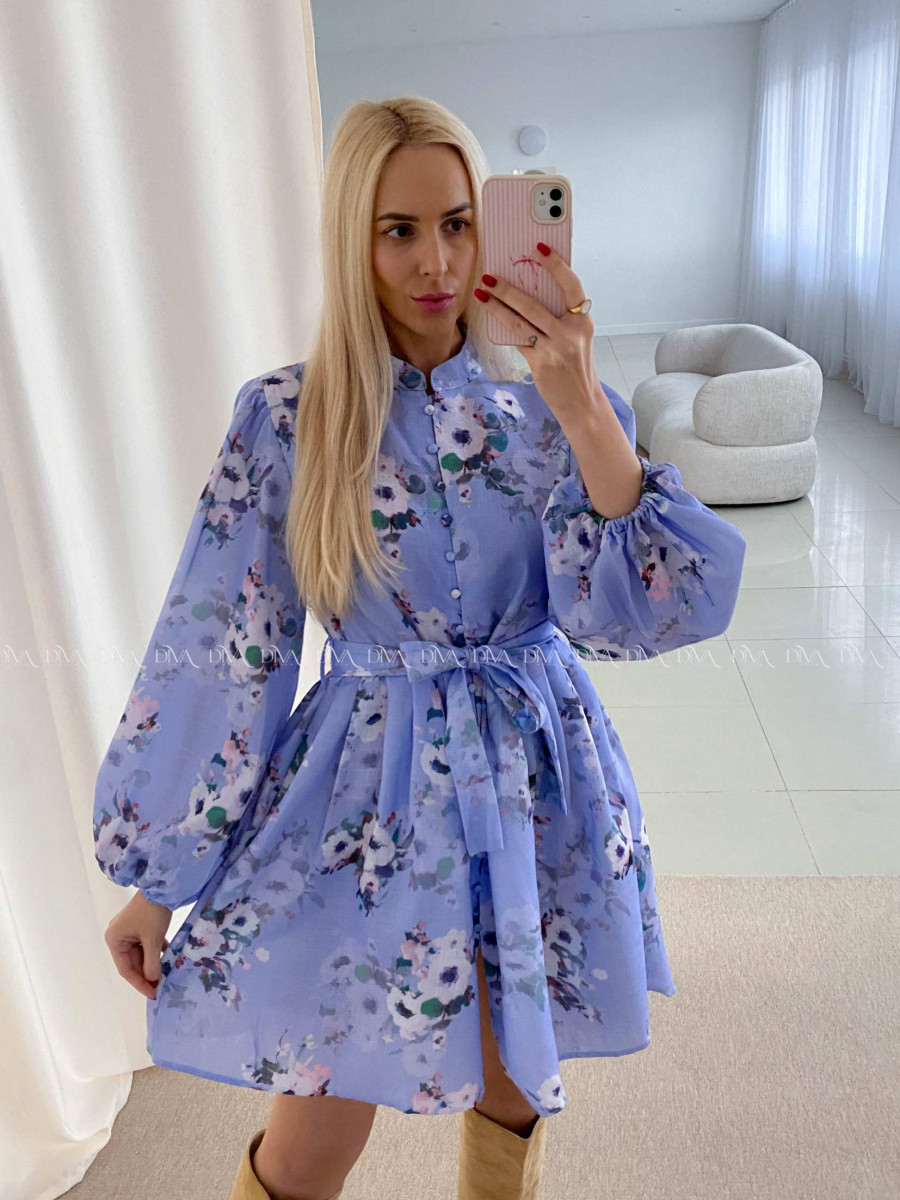 Bavlnené kvetované šaty Leila s prímesou ľanu modré AB 47