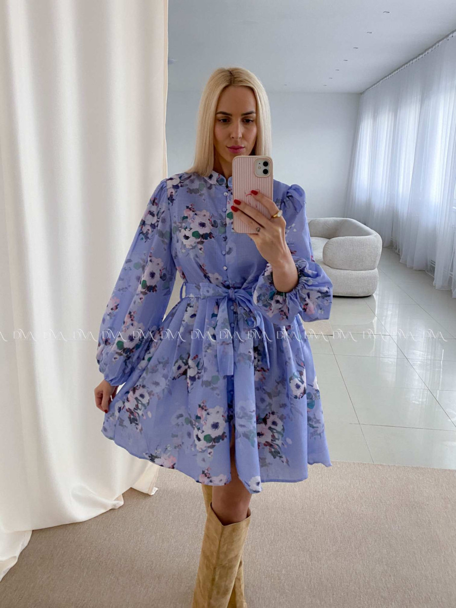 Bavlnené kvetované šaty Leila s prímesou ľanu modré AB 47