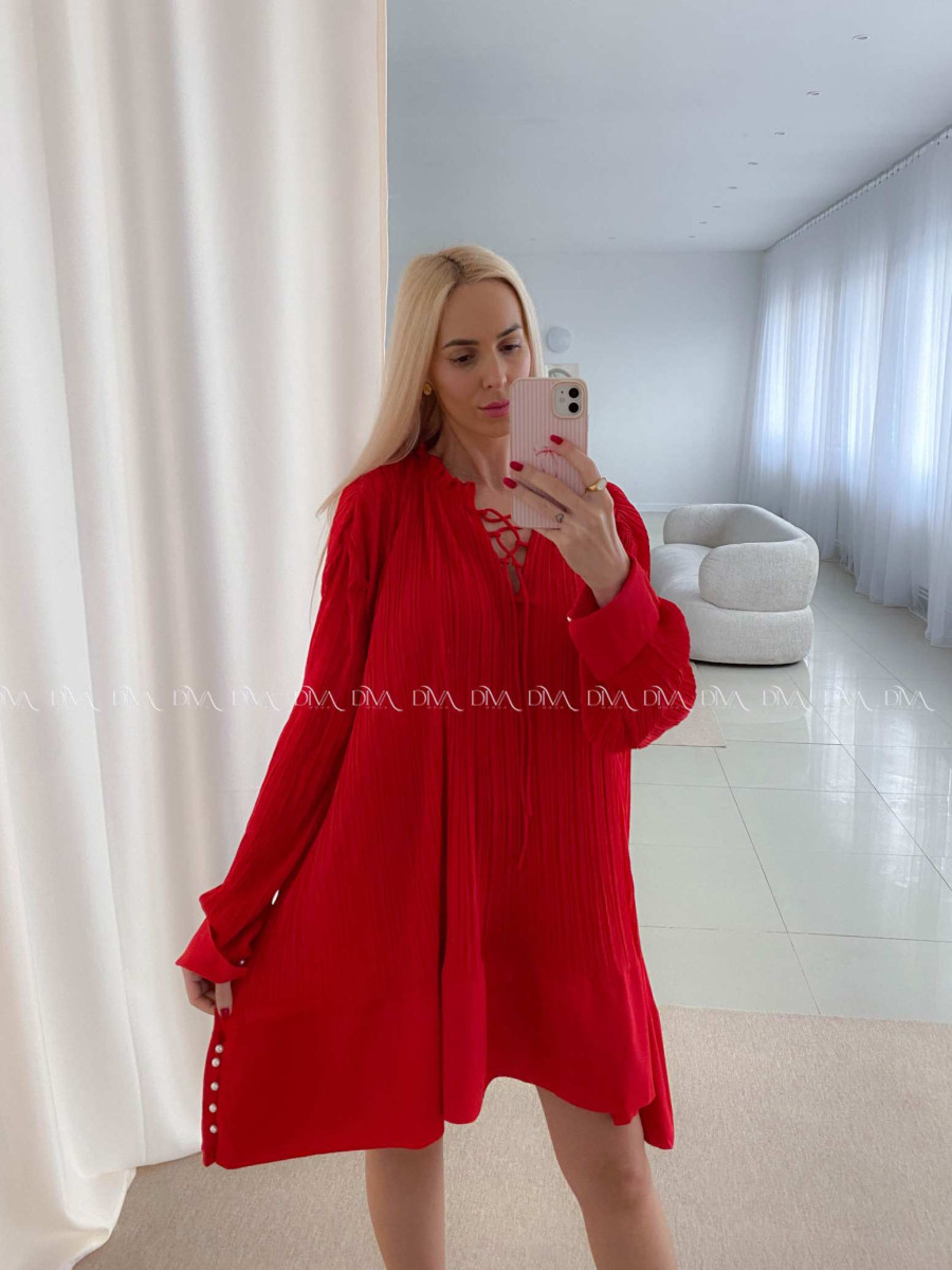 Plisované oversize šaty s perličkami červené AB 55