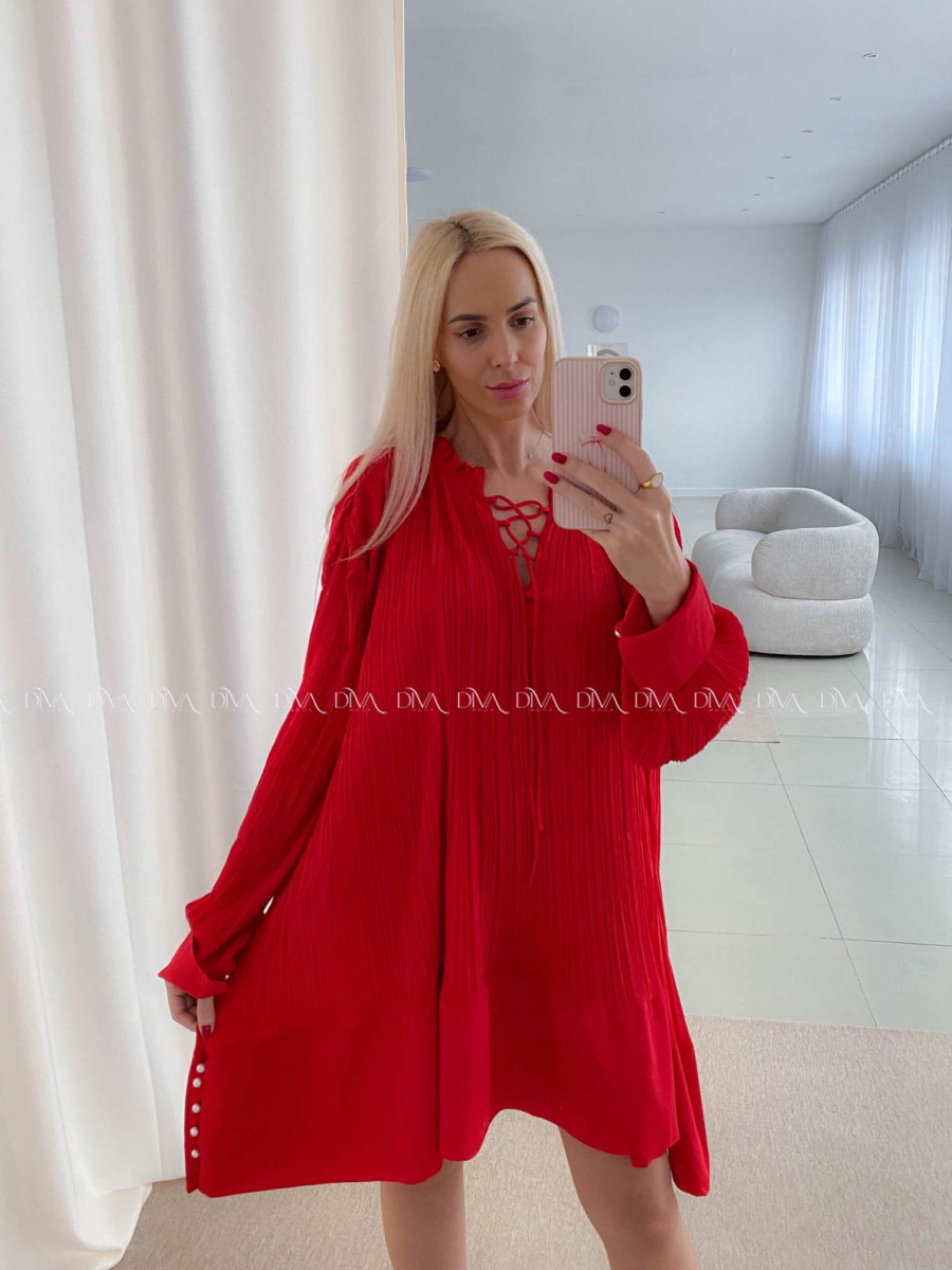 Plisované oversize šaty s perličkami červené AB 55