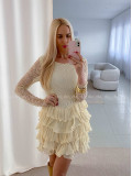 Krajkované elegantné šaty s volánovou sukňou vanilkové AB 50