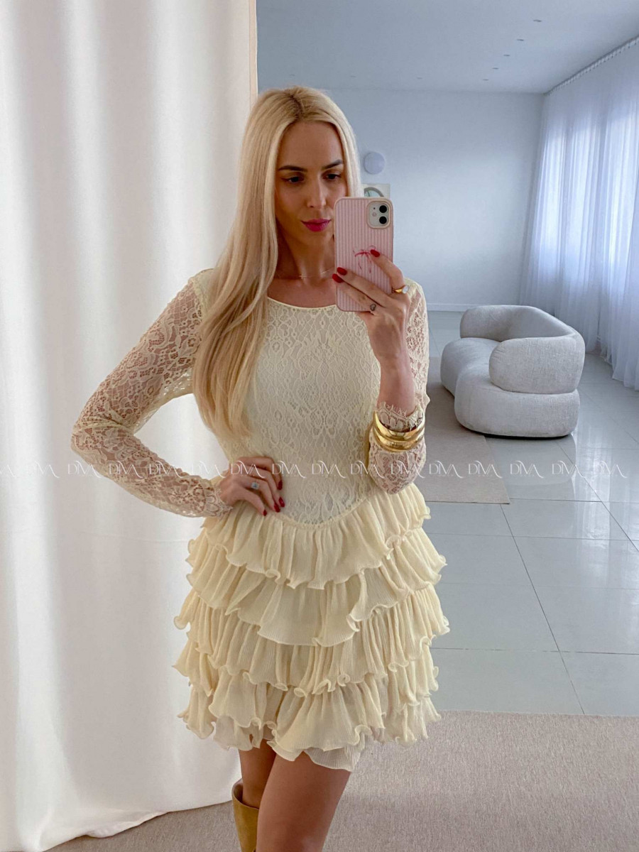 Krajkované elegantné šaty s volánovou sukňou vanilkové AB 50