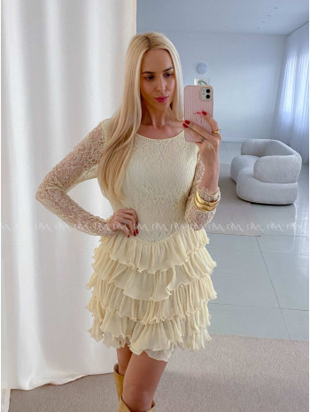 Krajkované elegantné šaty s volánovou sukňou vanilkové AB 50