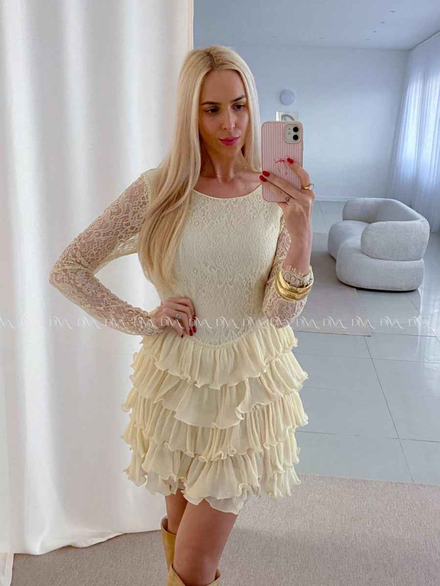 Krajkované elegantné šaty s volánovou sukňou vanilkové AB 50