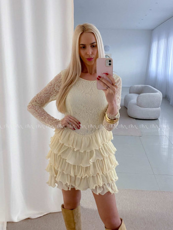 Krajkované elegantné šaty s volánovou sukňou vanilkové AB 50