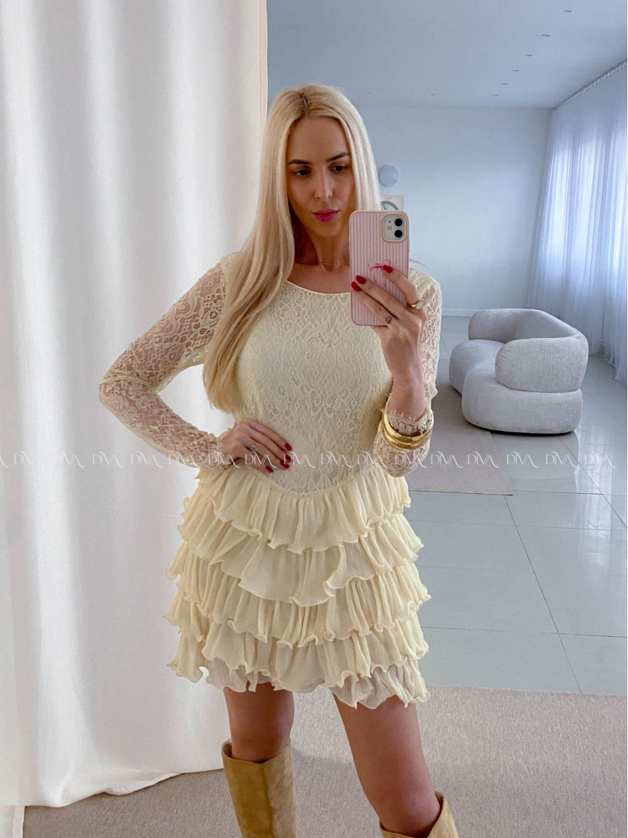 Krajkované elegantné šaty s volánovou sukňou vanilkové AB 50